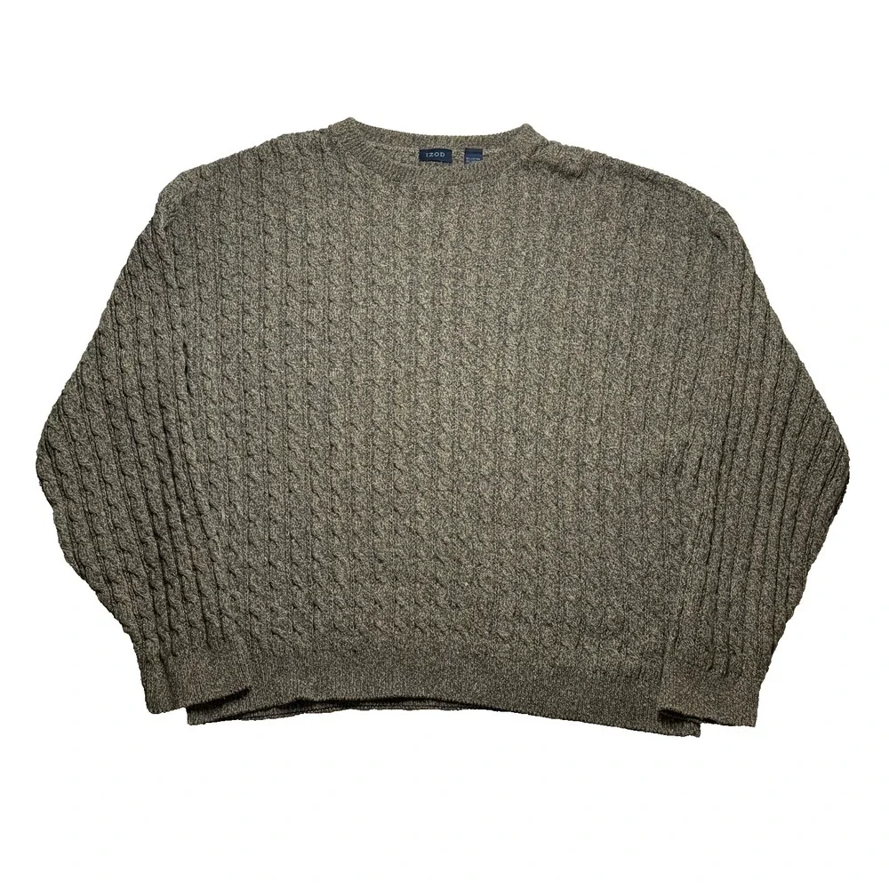 Vtg Izod Cable Knit Sweater Mens XL Brown 90s Cotton Blend Granola USA Made